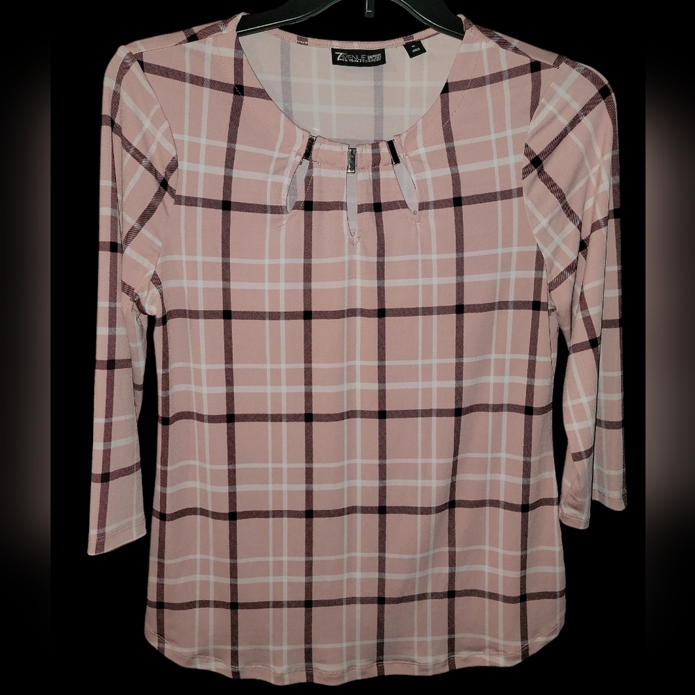7th Avenue Women's Pink Pleated Blouse with 3/4 Sleeves and Bib Collar